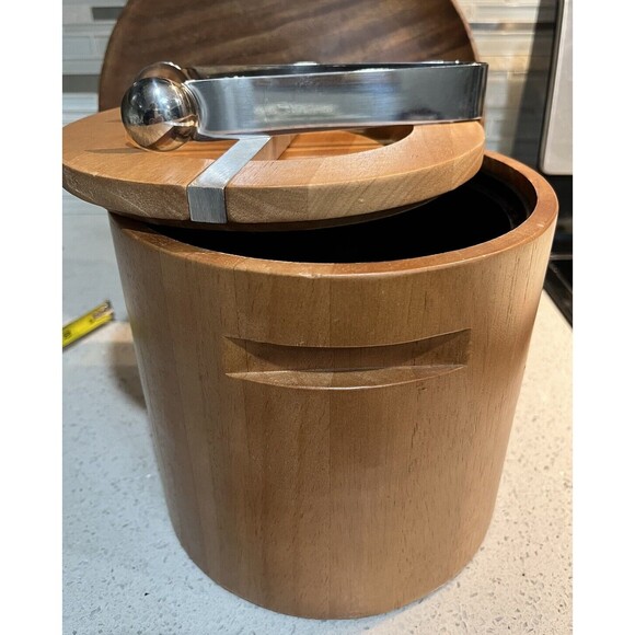 Vintage MCM Wooden Ice Bucket EUC Carved Handles Golden Insert UnSigned 50s - Picture 4 of 8